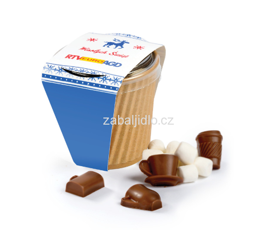 Kelímek 20gr reklamních čokoládek, 5gr pěnových bonbónů)